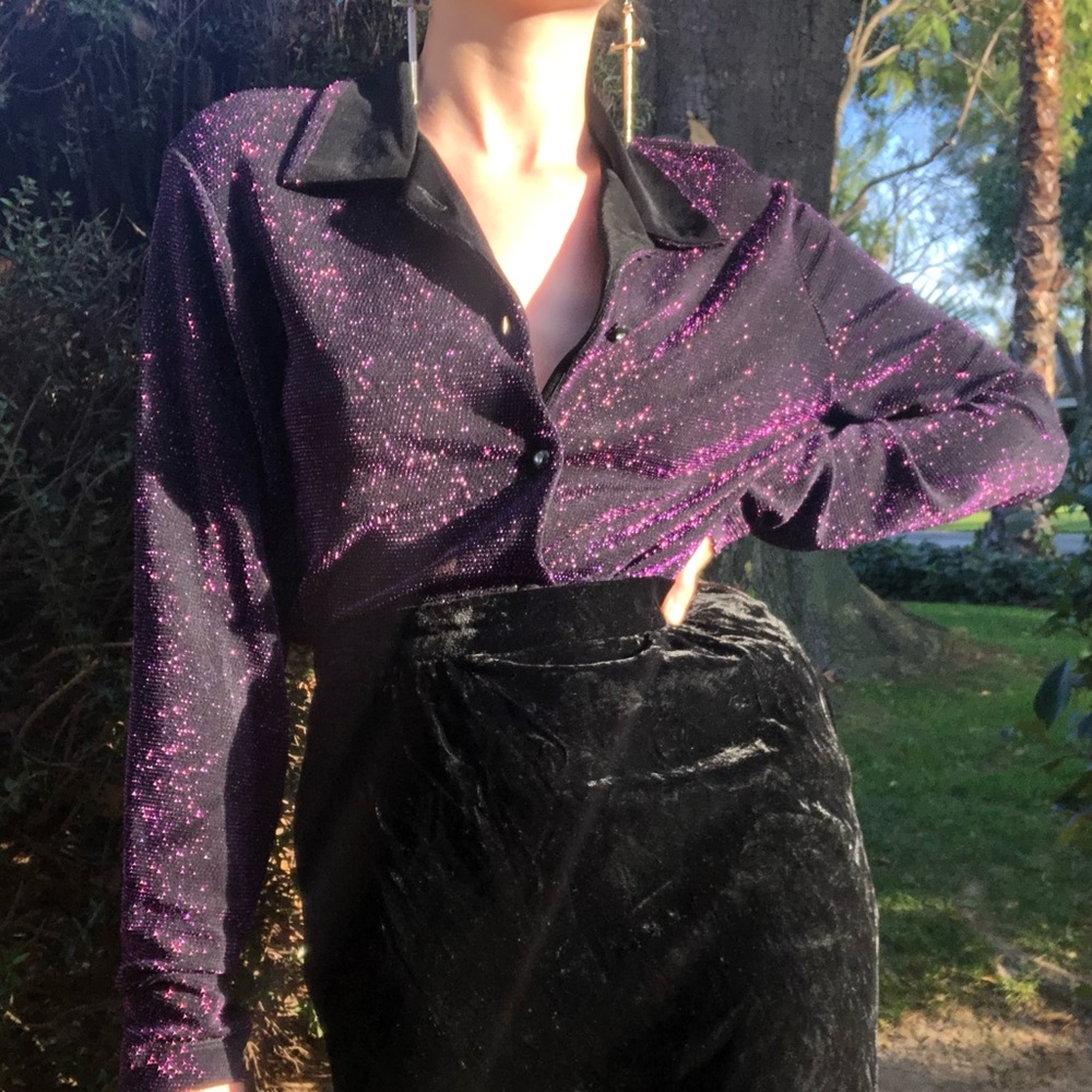Vintage Purple Sparkle Button-Up Blouse
